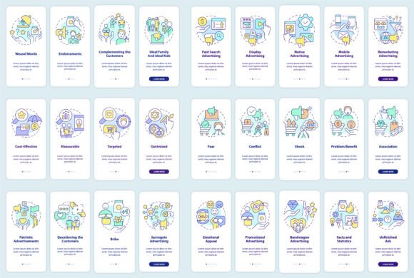 Advertising Strategies Mobile App Set – Modern Graphic Templates for Content Publishers